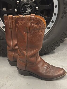 Lucchese Brown Leather Cowboy Boots with Stitched Vamp